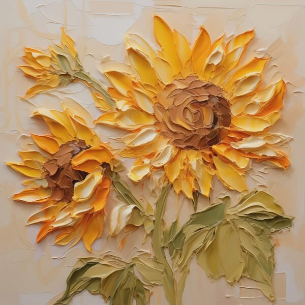 Schilderij van zonnebloemen op een wit oppervlak Schilderij van zonnebloemen op een wit oppervlak
