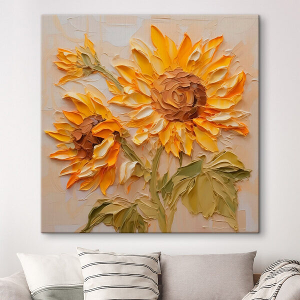 Schilderij van zonnebloemen op een wit oppervlak Schilderij van zonnebloemen op een wit oppervlak