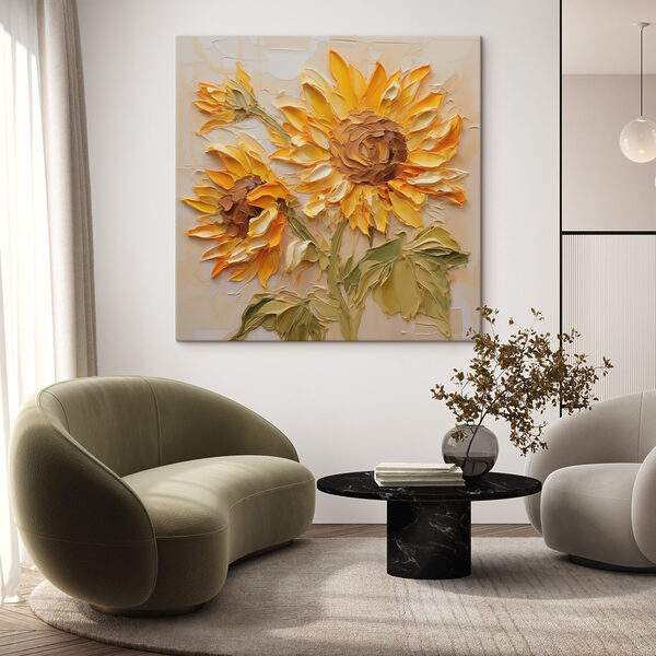 Schilderij van zonnebloemen op een wit oppervlak Schilderij van zonnebloemen op een wit oppervlak