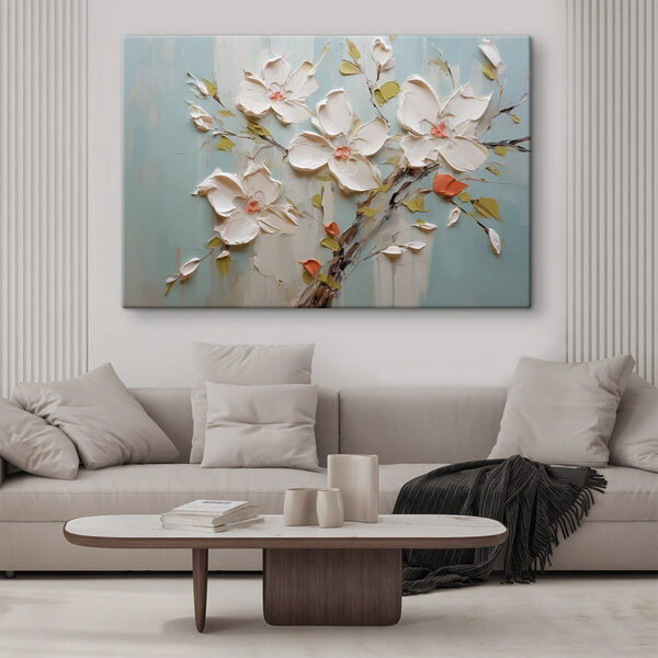 Schilderij van bloemen op een blauwe achtergrond Schilderij van bloemen op een blauwe achtergrond