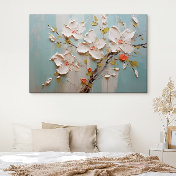 Schilderij van bloemen op een blauwe achtergrond Schilderij van bloemen op een blauwe achtergrond