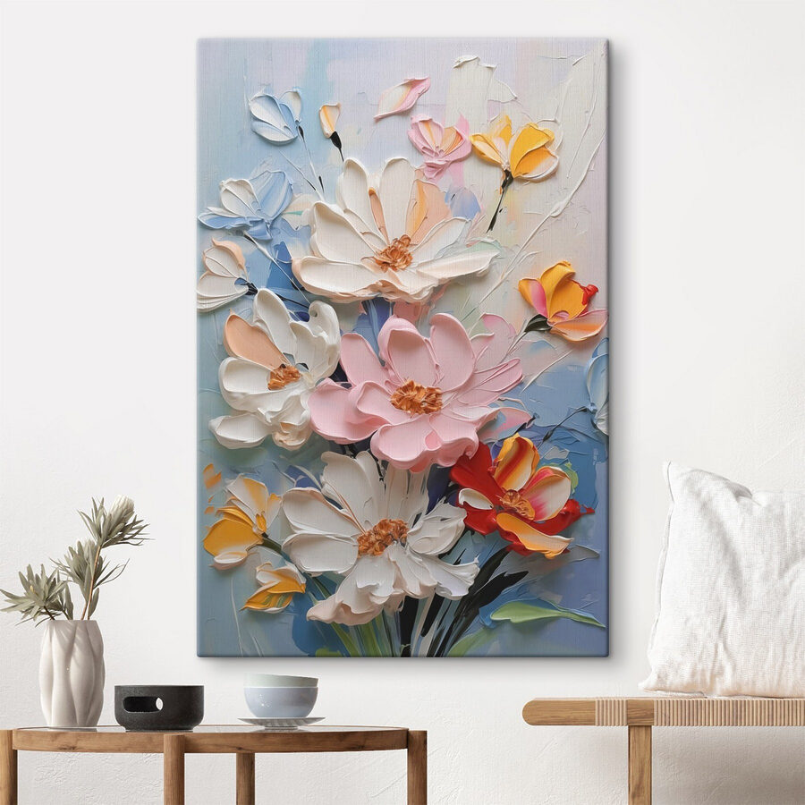 Schilderij van bloemen op een muur