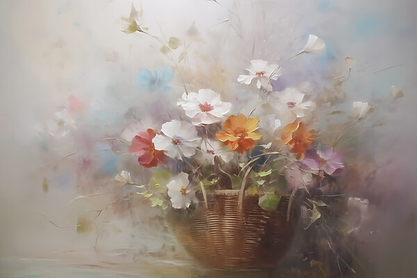 Schilderij van bloemen in een mand Schilderij van bloemen in een mand