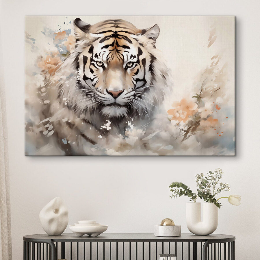 Tijger met bloemen op de achtergrond