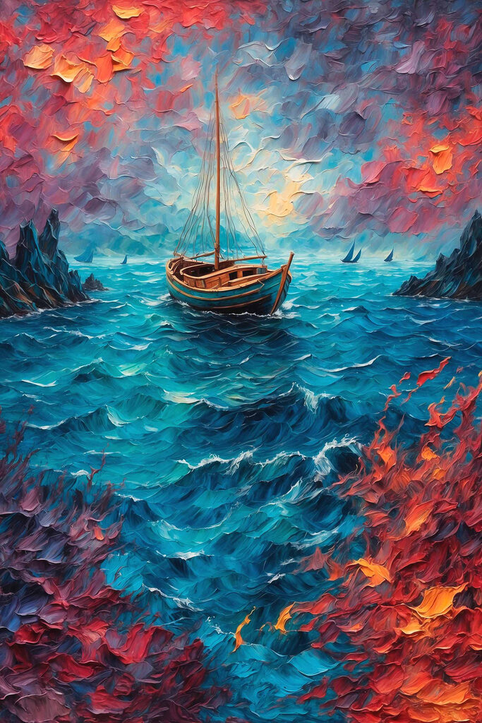 Painting of a boat in the ocean