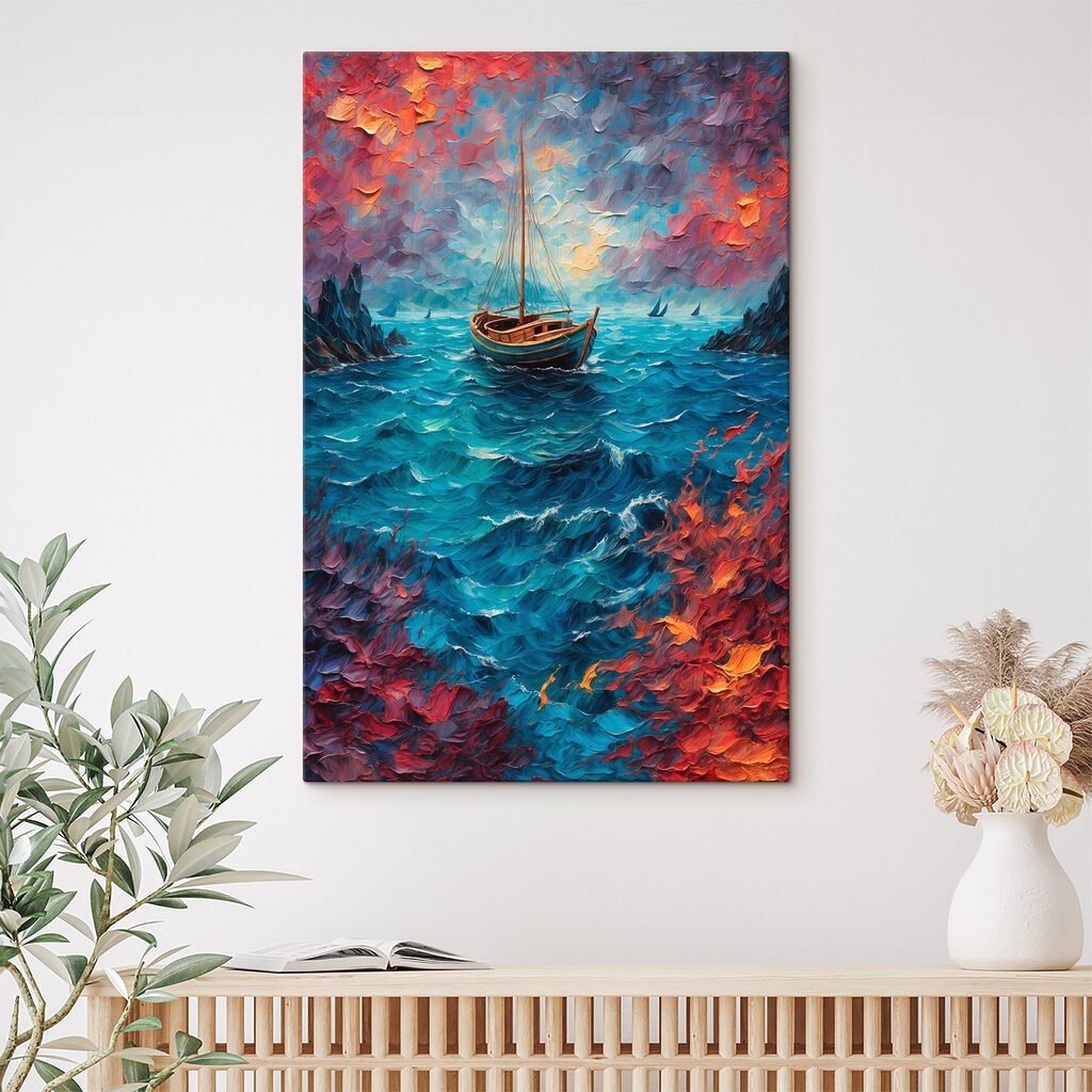 Painting of a boat in the ocean