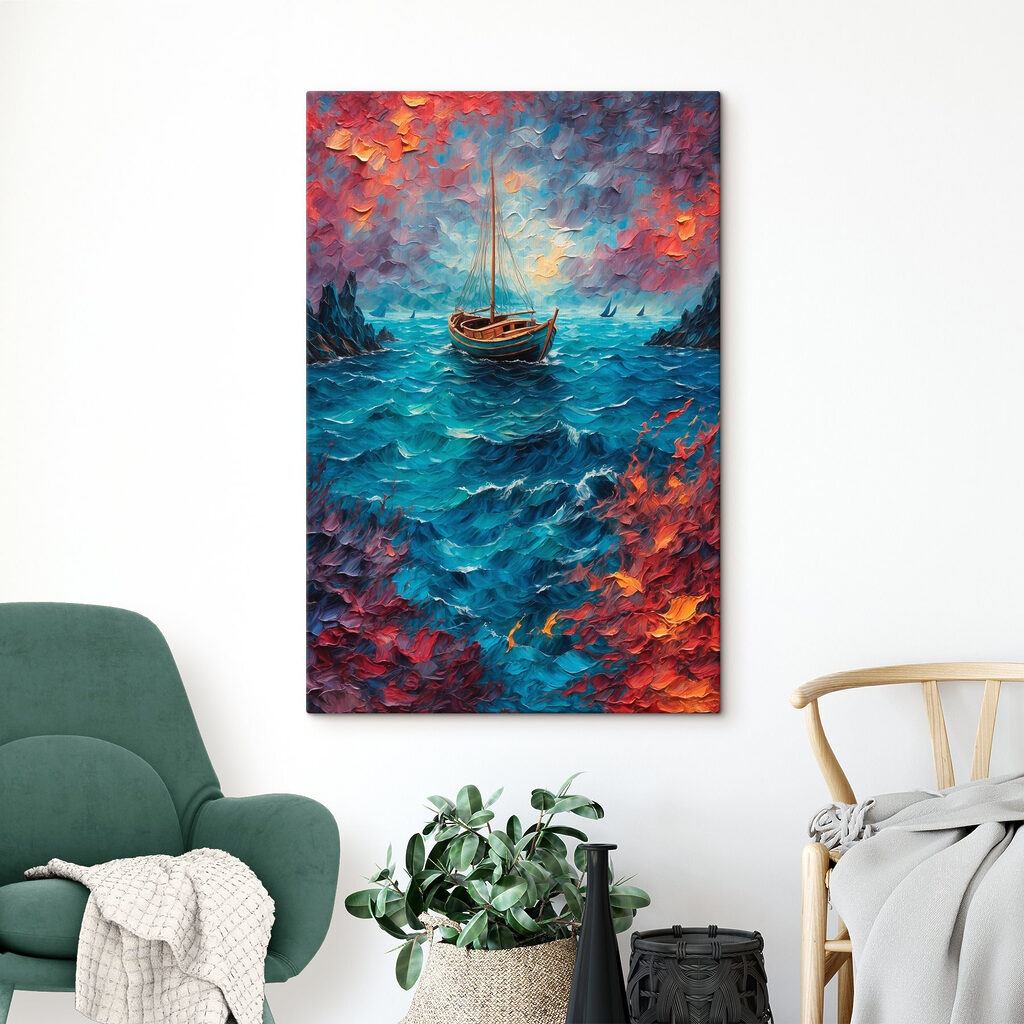 Painting of a boat in the ocean