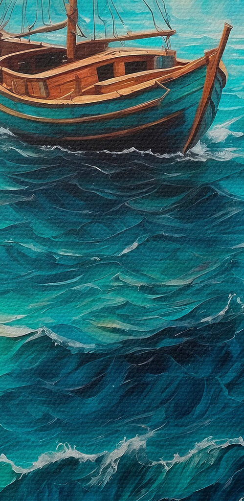Painting of a boat in the ocean