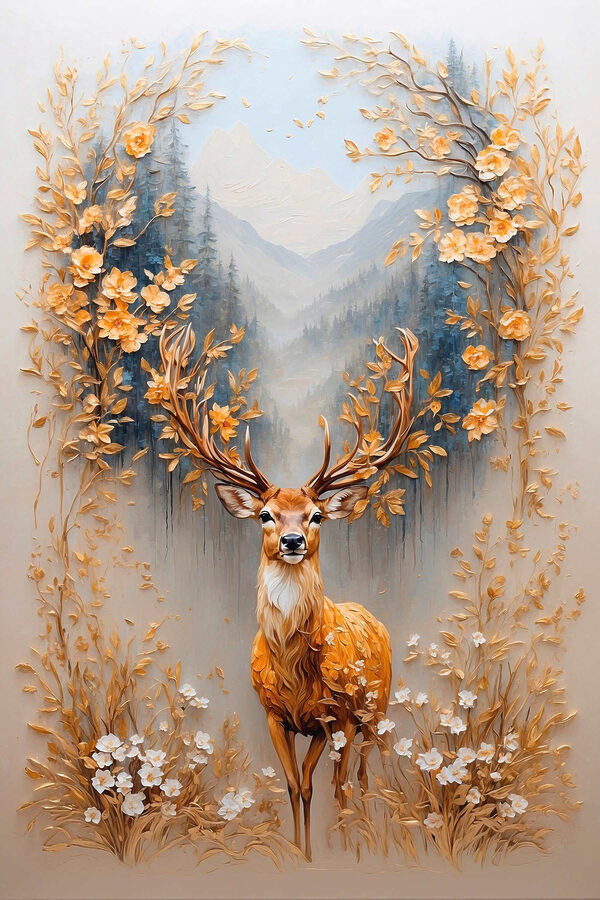 Schilderij van een hert met bloemen en bergen Schilderij van een hert met bloemen en bergen