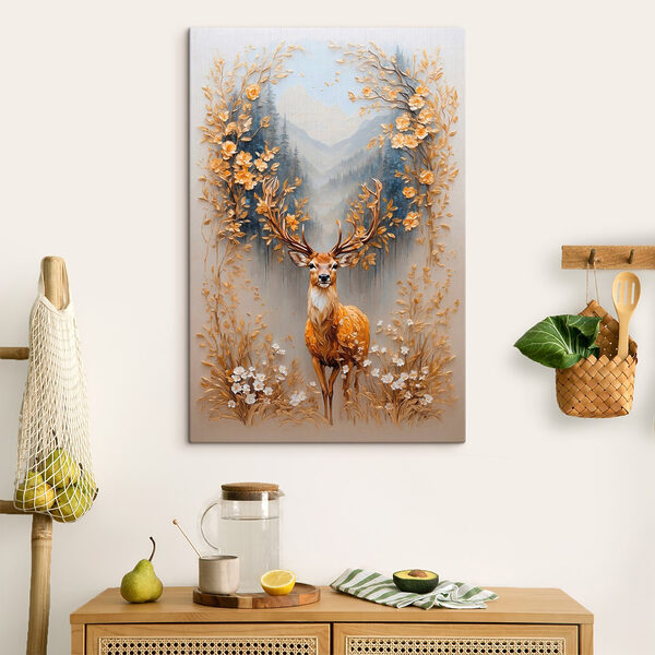 Schilderij van een hert met bloemen en bergen Schilderij van een hert met bloemen en bergen