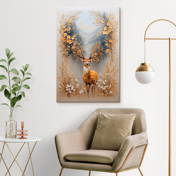 Schilderij van een hert met bloemen en bergen Schilderij van een hert met bloemen en bergen