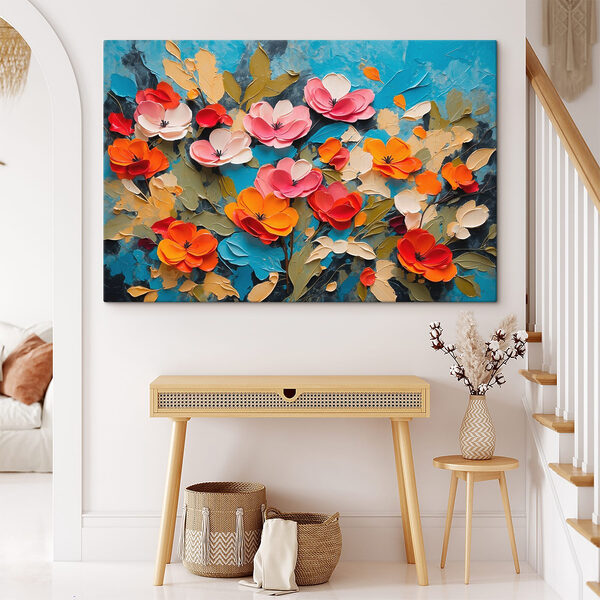 Schilderij van bloemen op een blauw oppervlak Schilderij van bloemen op een blauw oppervlak