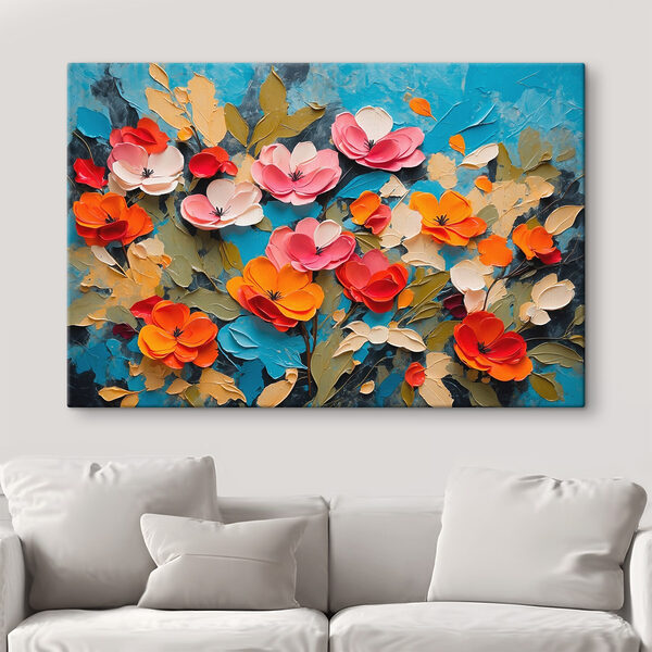 Schilderij van bloemen op een blauw oppervlak Schilderij van bloemen op een blauw oppervlak