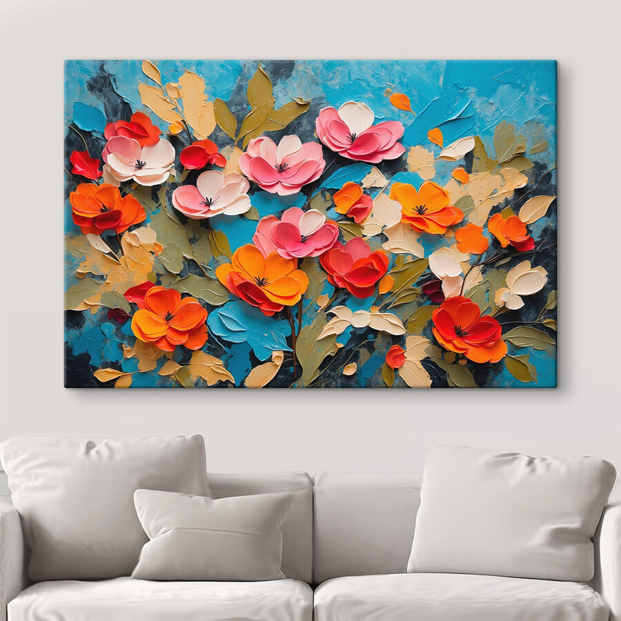 Schilderij van bloemen op een blauw oppervlak Schilderij van bloemen op een blauw oppervlak