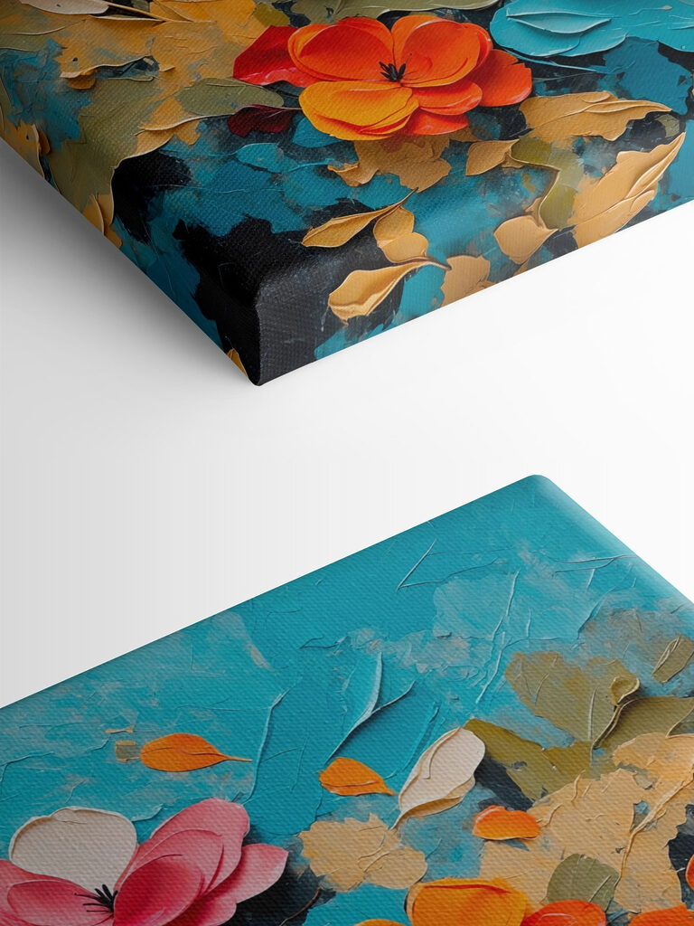 Painting of flowers on a blue surface