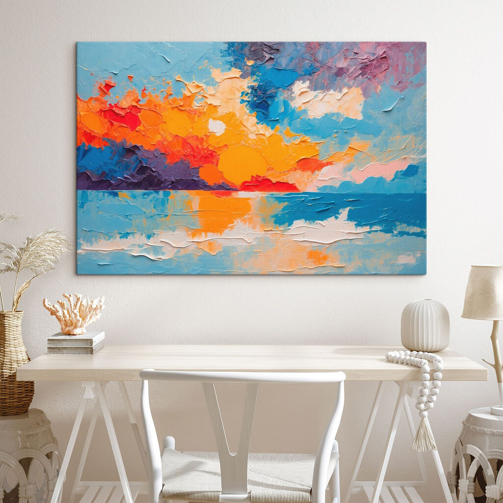 Painting of a sunset over water Painting of a sunset over water