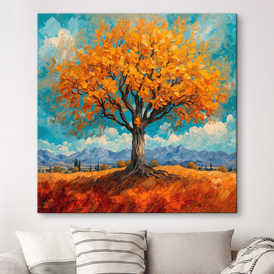 Schilderij van een boom met gele bladeren