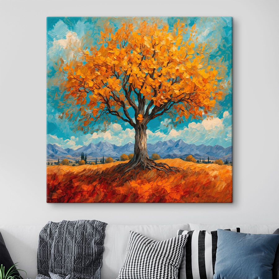 Schilderij van een boom met gele bladeren