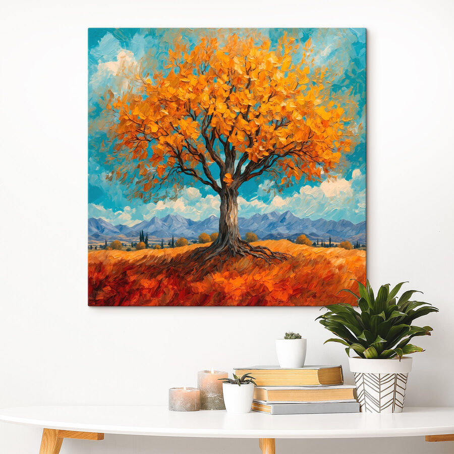Schilderij van een boom met gele bladeren