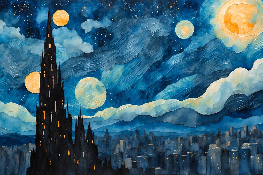 Aquarel van een stad bij nacht