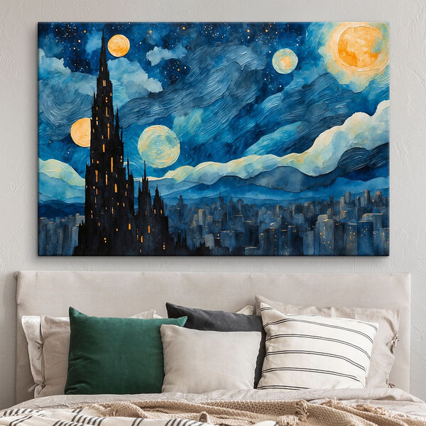 Aquarel van een stad bij nacht Aquarel van een stad bij nacht
