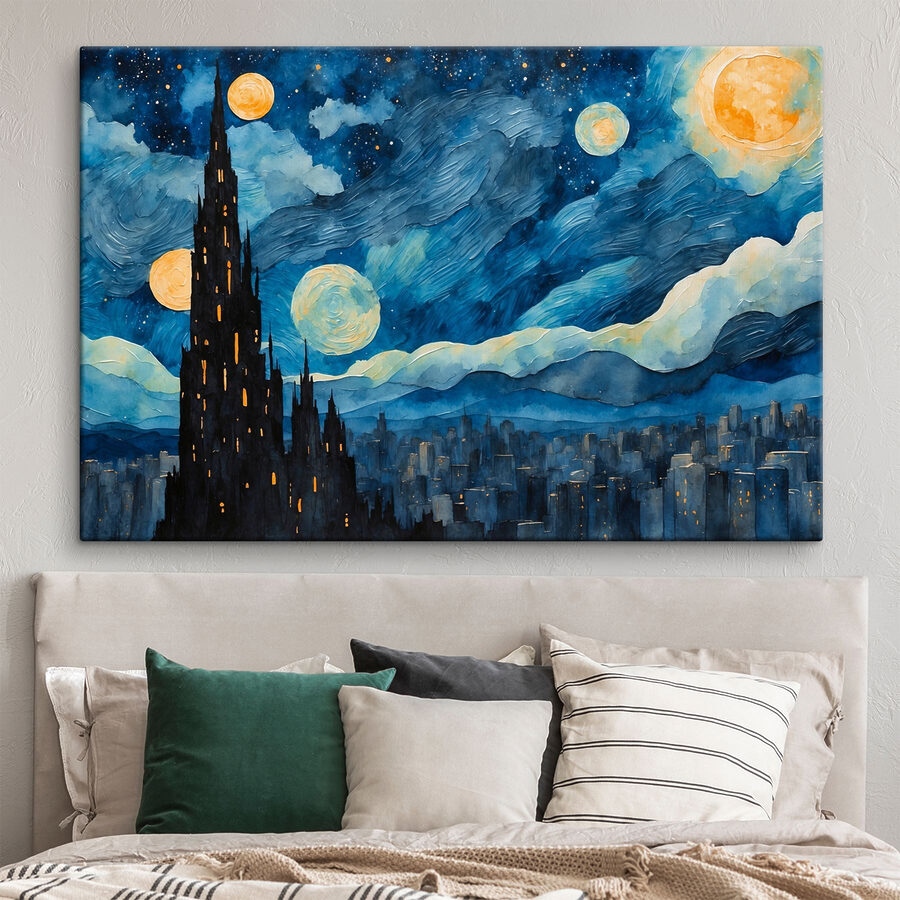 Aquarel van een stad bij nacht