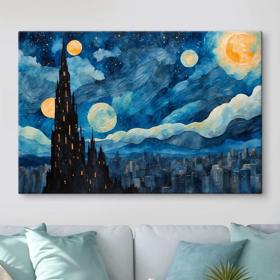 Aquarel van een stad bij nacht