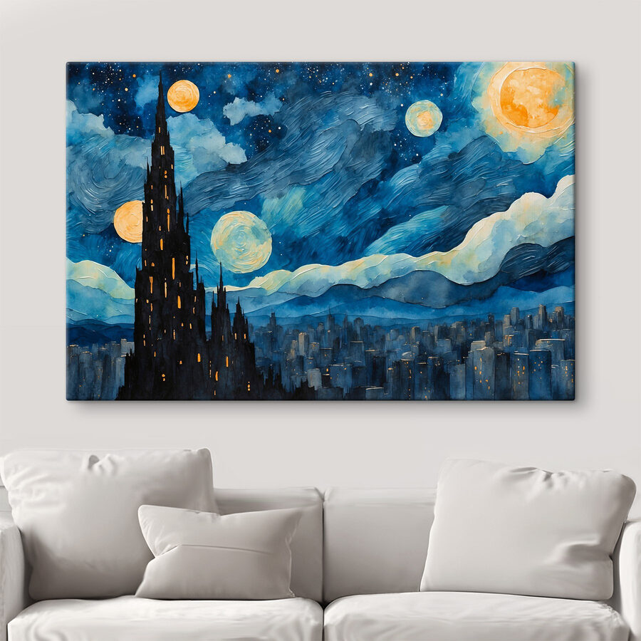 Aquarel van een stad bij nacht