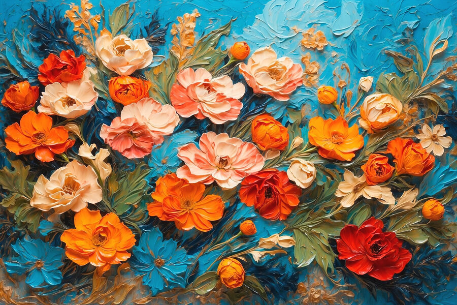 Schilderij van bloemen op een blauw oppervlak Schilderij van bloemen op een blauw oppervlak