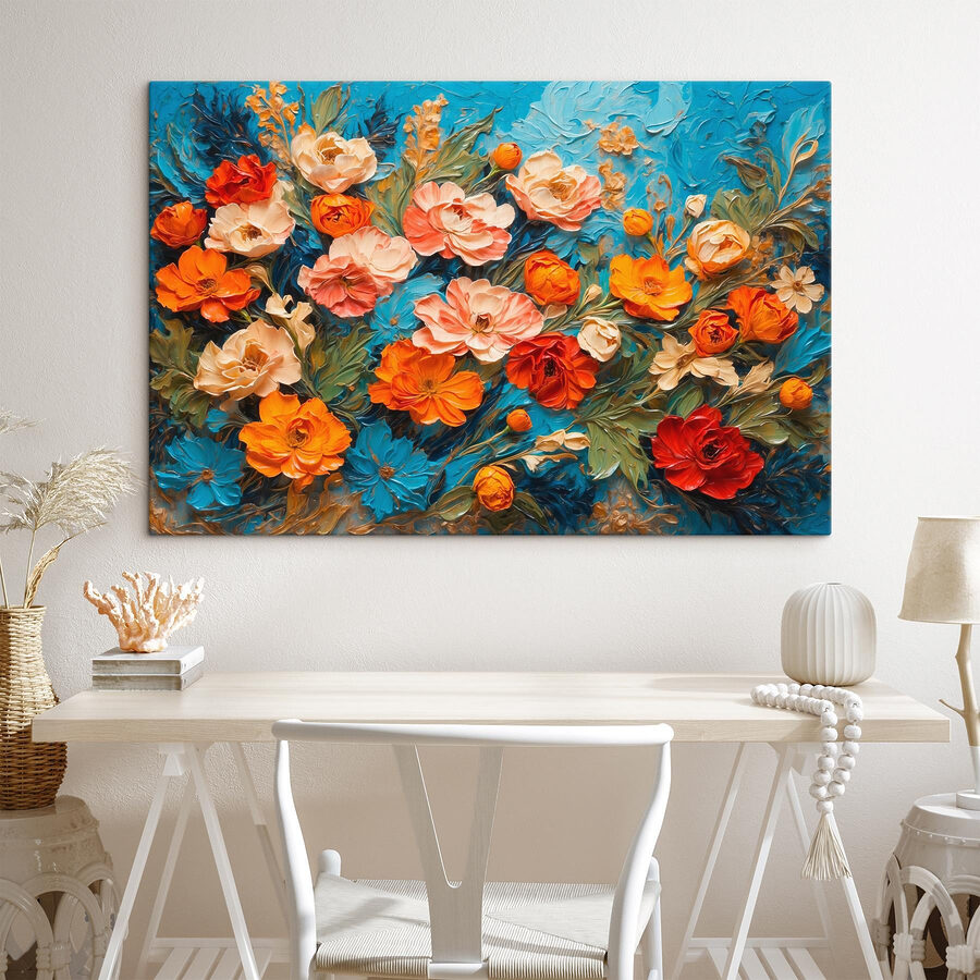 Schilderij van bloemen op een blauw oppervlak Schilderij van bloemen op een blauw oppervlak