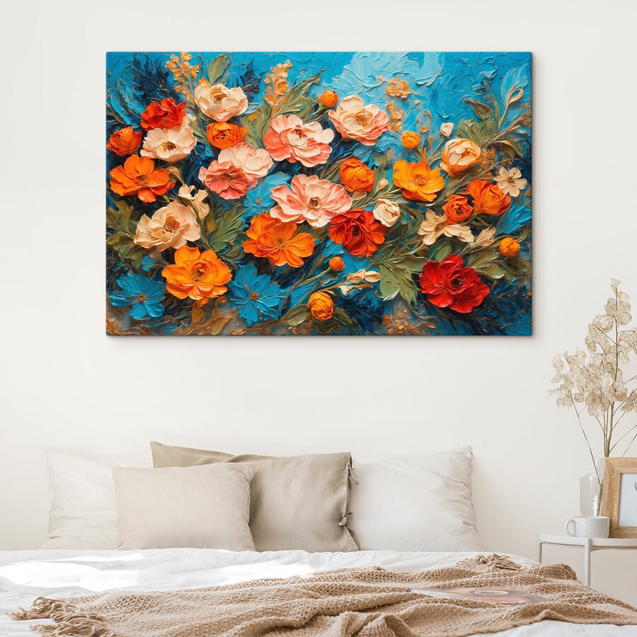 Schilderij van bloemen op een blauw oppervlak Schilderij van bloemen op een blauw oppervlak
