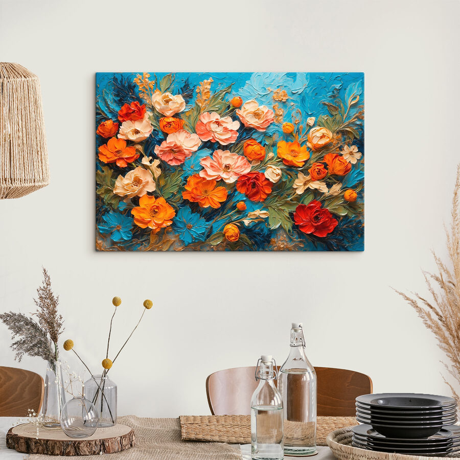 Schilderij van bloemen op een blauw oppervlak Schilderij van bloemen op een blauw oppervlak