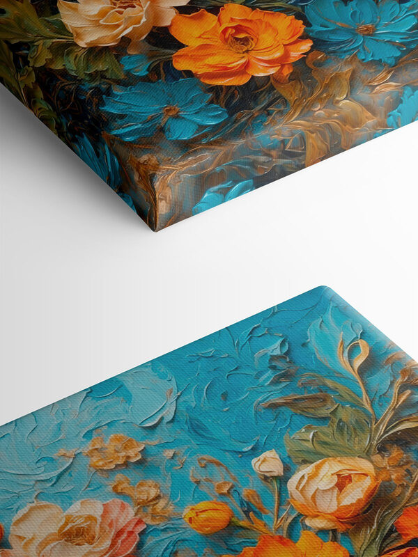 Schilderij van bloemen op een blauw oppervlak Schilderij van bloemen op een blauw oppervlak