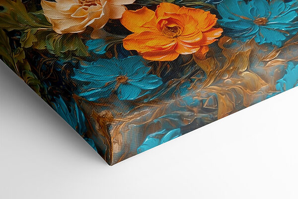Schilderij van bloemen op een blauw oppervlak Schilderij van bloemen op een blauw oppervlak