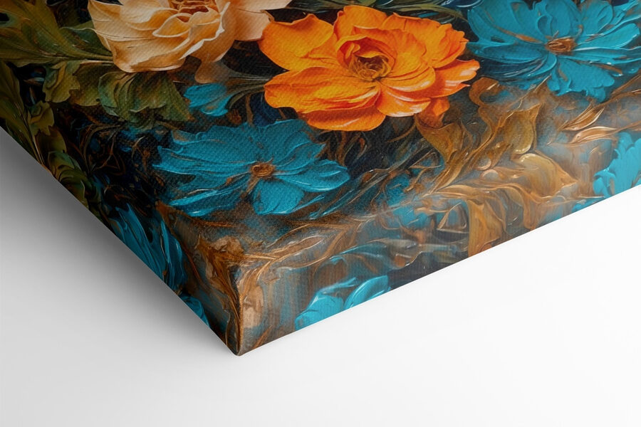 Schilderij van bloemen op een blauw oppervlak Schilderij van bloemen op een blauw oppervlak