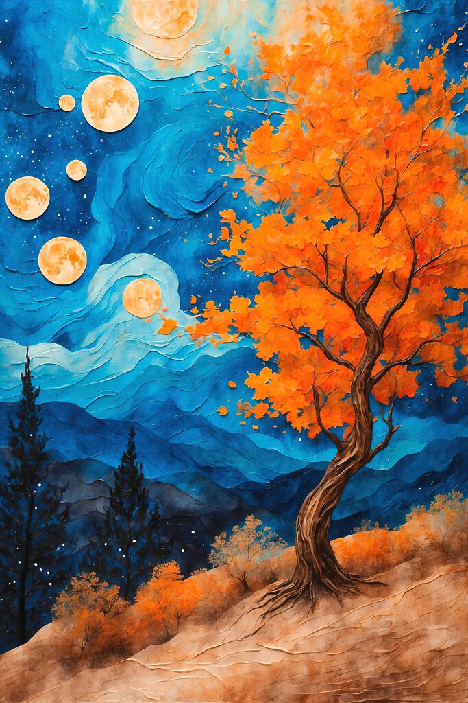 Painting of a tree with orange leaves and blue mountains