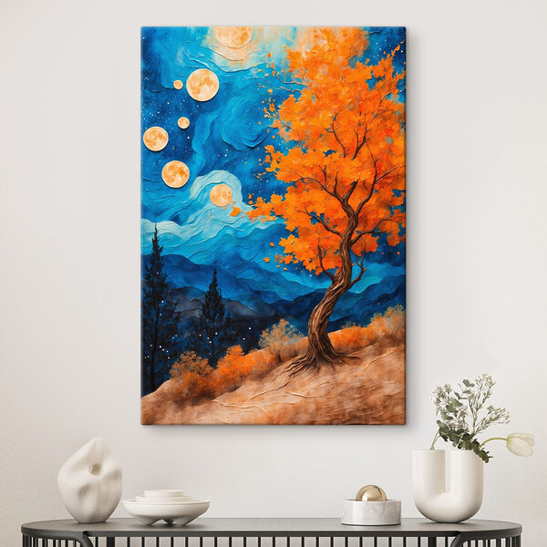 Schilderij van een boom met oranje bladeren en blauwe bergen Schilderij van een boom met oranje bladeren en blauwe bergen