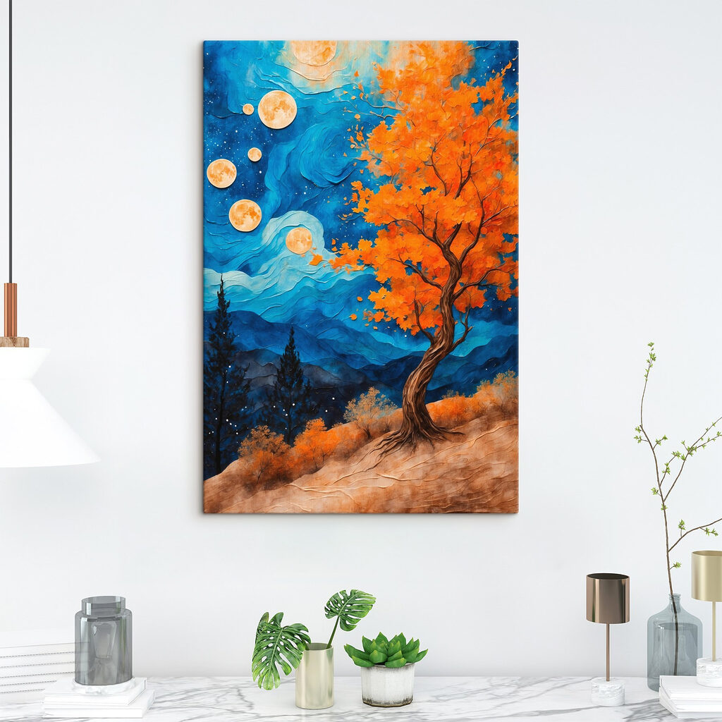 Painting of a tree with orange leaves and blue mountains