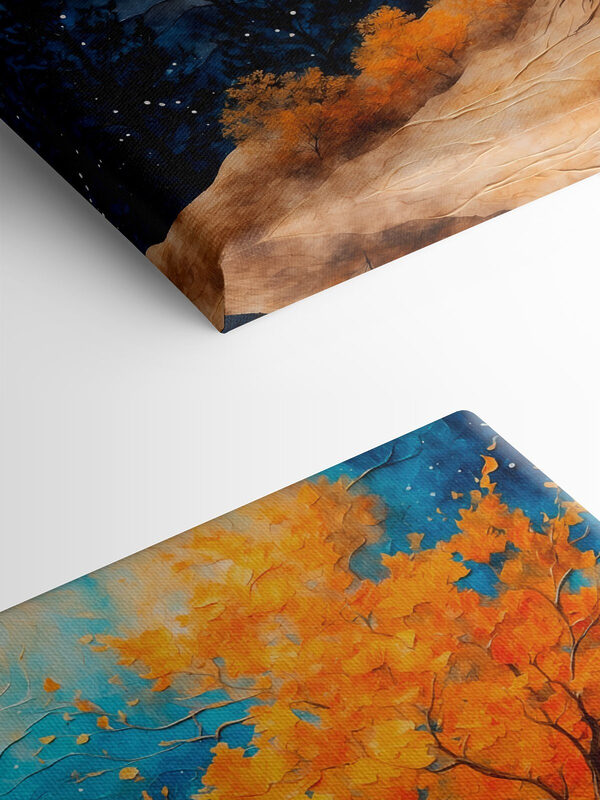 Schilderij van een boom met oranje bladeren en blauwe bergen Schilderij van een boom met oranje bladeren en blauwe bergen