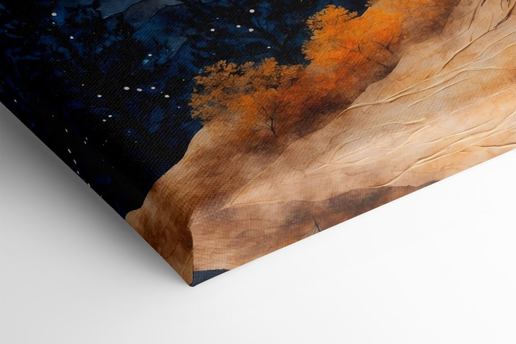 Painting of a tree with orange leaves and blue mountains