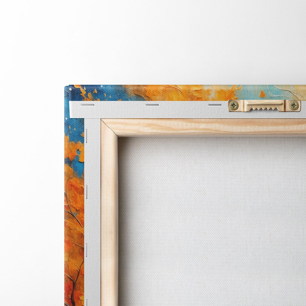 Painting of a tree with orange leaves and blue mountains