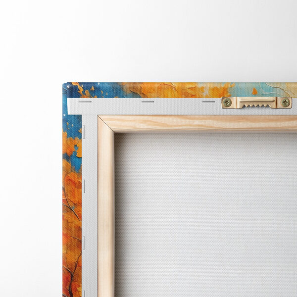 Schilderij van een boom met oranje bladeren en blauwe bergen Schilderij van een boom met oranje bladeren en blauwe bergen