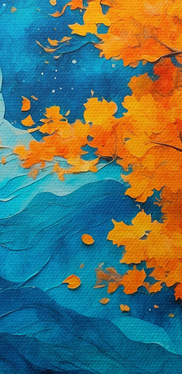 Schilderij van een boom met oranje bladeren en blauwe bergen Schilderij van een boom met oranje bladeren en blauwe bergen