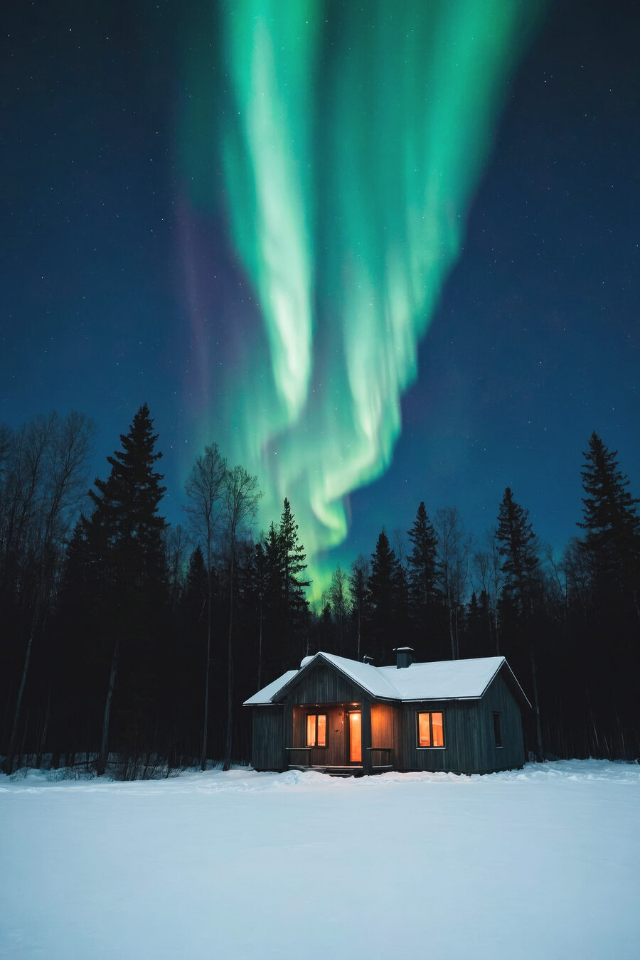 Huis in de sneeuw met groene lichtjes in de lucht