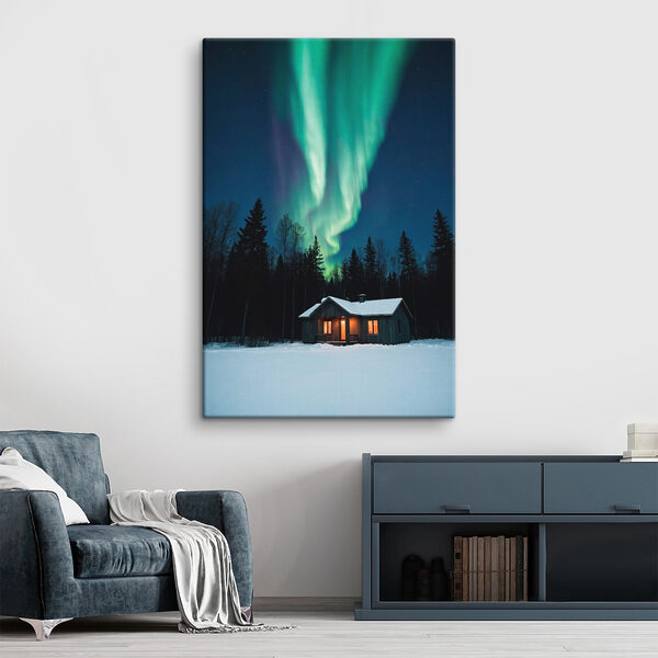 Huis in de sneeuw met groene lichtjes in de lucht Huis in de sneeuw met groene lichtjes in de lucht