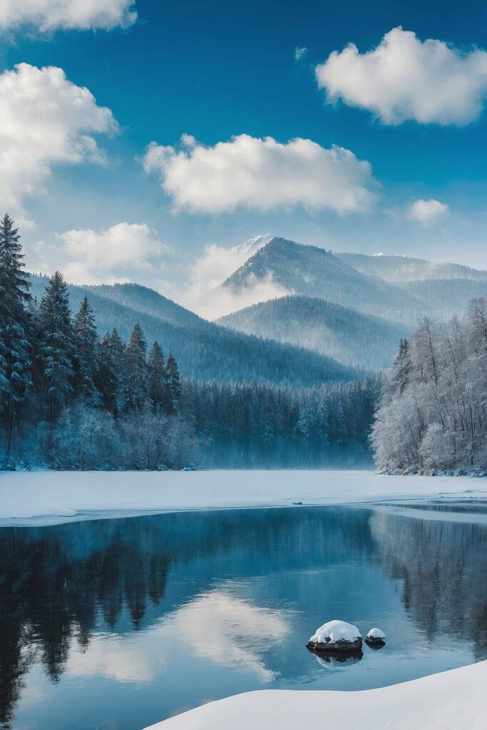 Lake with snow and trees in the background Lake with snow and trees in the background