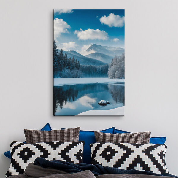 Lake with snow and trees in the background Lake with snow and trees in the background