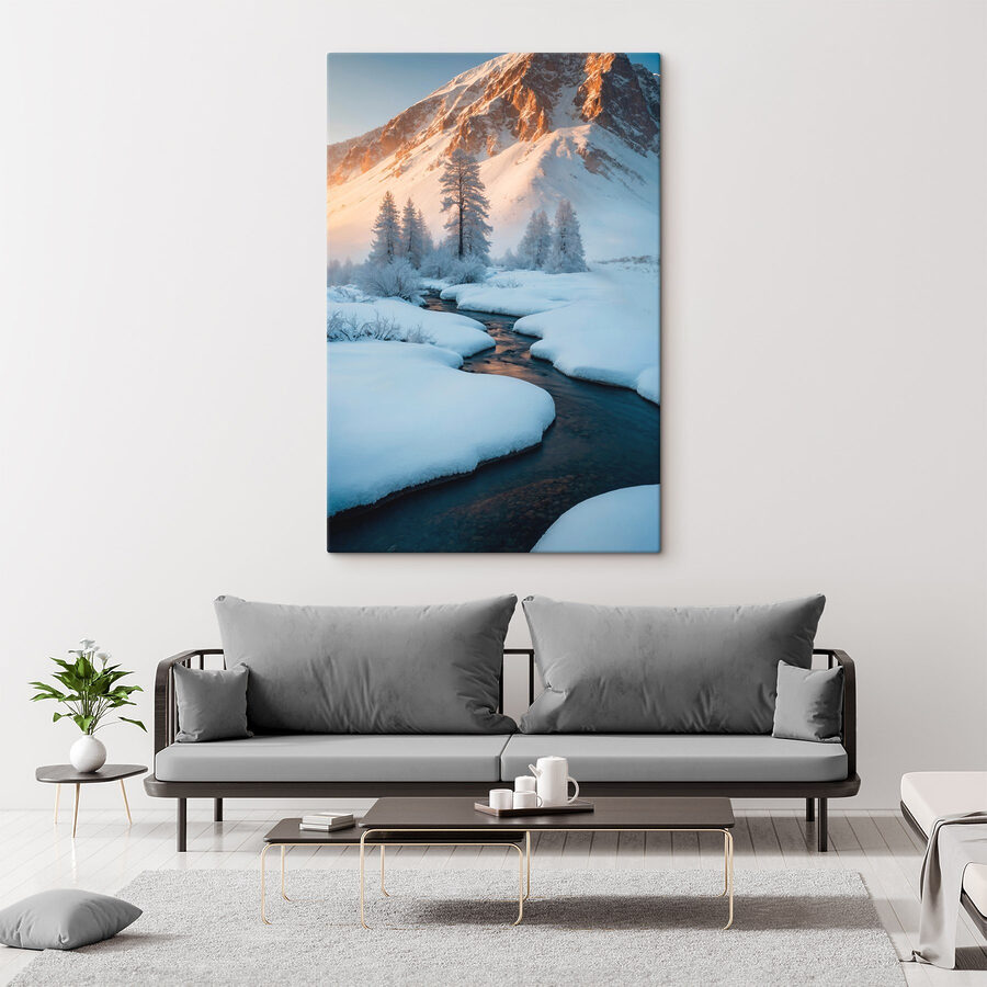 Rivier stroomt door een besneeuwde berg