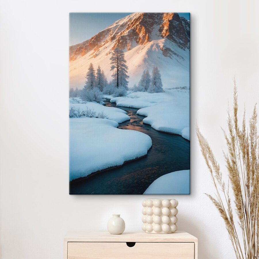 Rivier stroomt door een besneeuwde berg