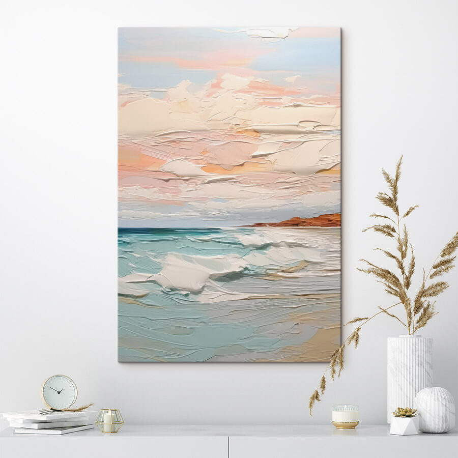 Schilderij van een strand en oceaan